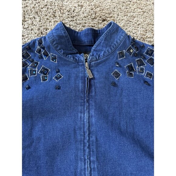 BOB MACKIE Blue Denim Full Zip Jacket Top Beaded Rhinestone Artsy Pockets LARGE - Picture 8 of 11
